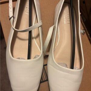 White Flats with Ankle Strap and Square Toe